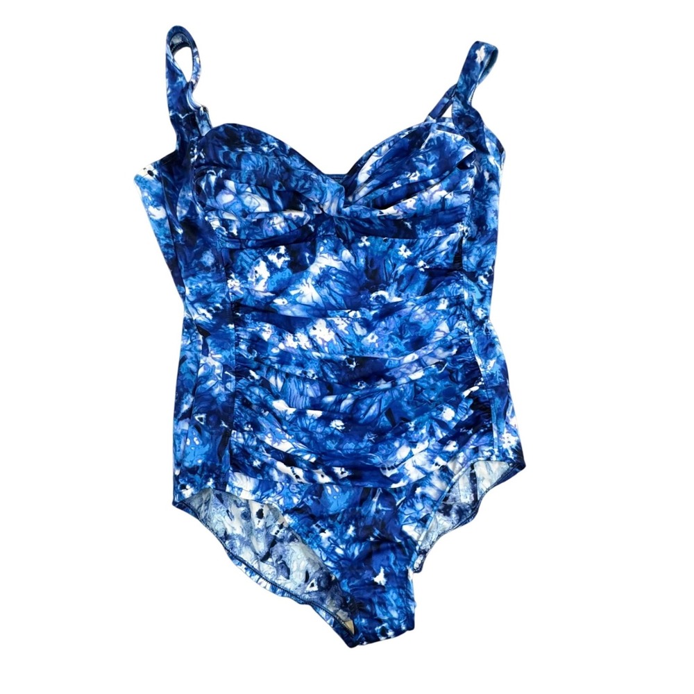Trimshaper Womens Blue Tie Dye Floral Ruched One Piece Swimsuit Size 16 6508102